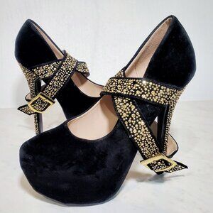 Desire Black Suede Gold Jeweled Studded Strappy Sling Pump 5½" Heels Women 7 US